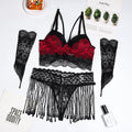 Three Piece Sling Set With Fringed Girdle Lace Stitching And Gloves Sexy Lingerie Set