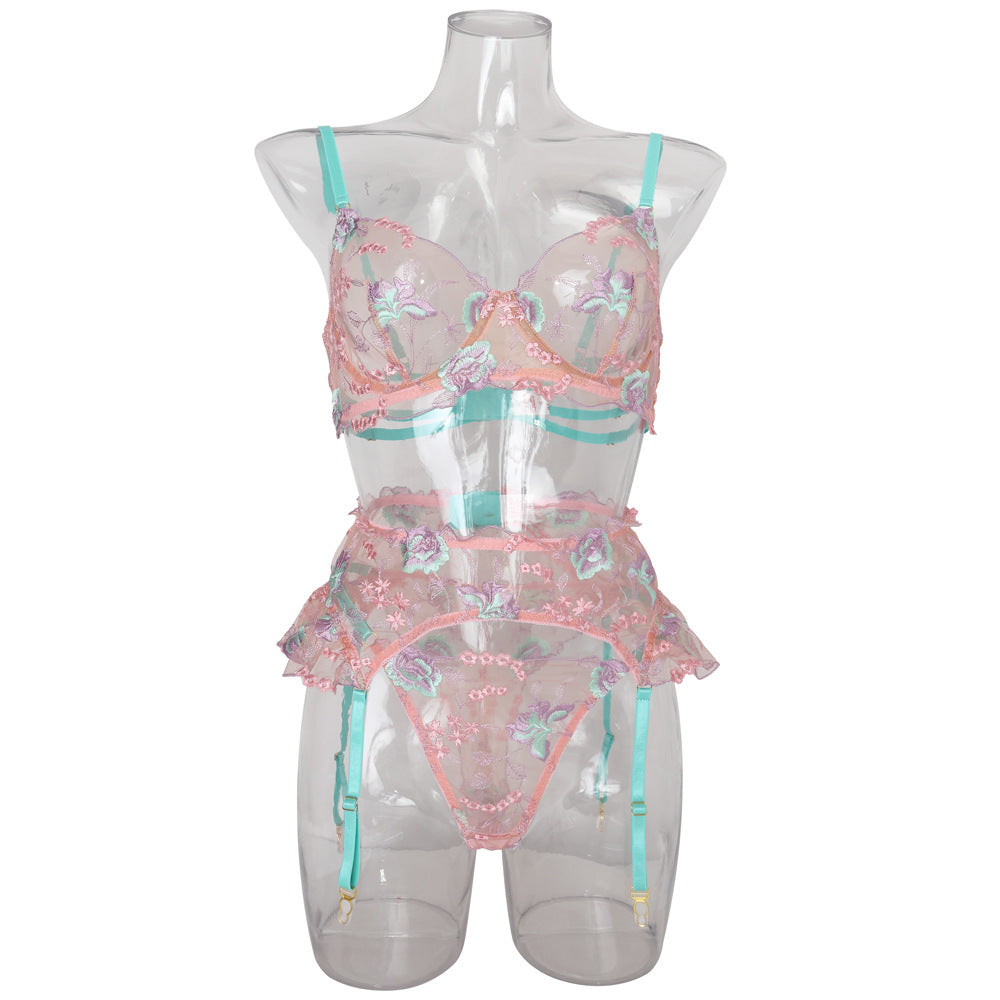 Embroidered Color-Block Spliced Sheer Underwire Push-Up Bra and Panty Set