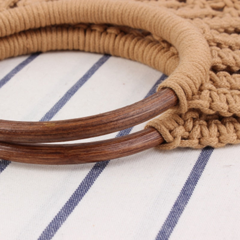 Hand-knitted Hollow Handbag Round Wooden Ring Rattan Handle Ladies Shopping Bag Cotton Rope Net Pocket Holiday Beach Bag