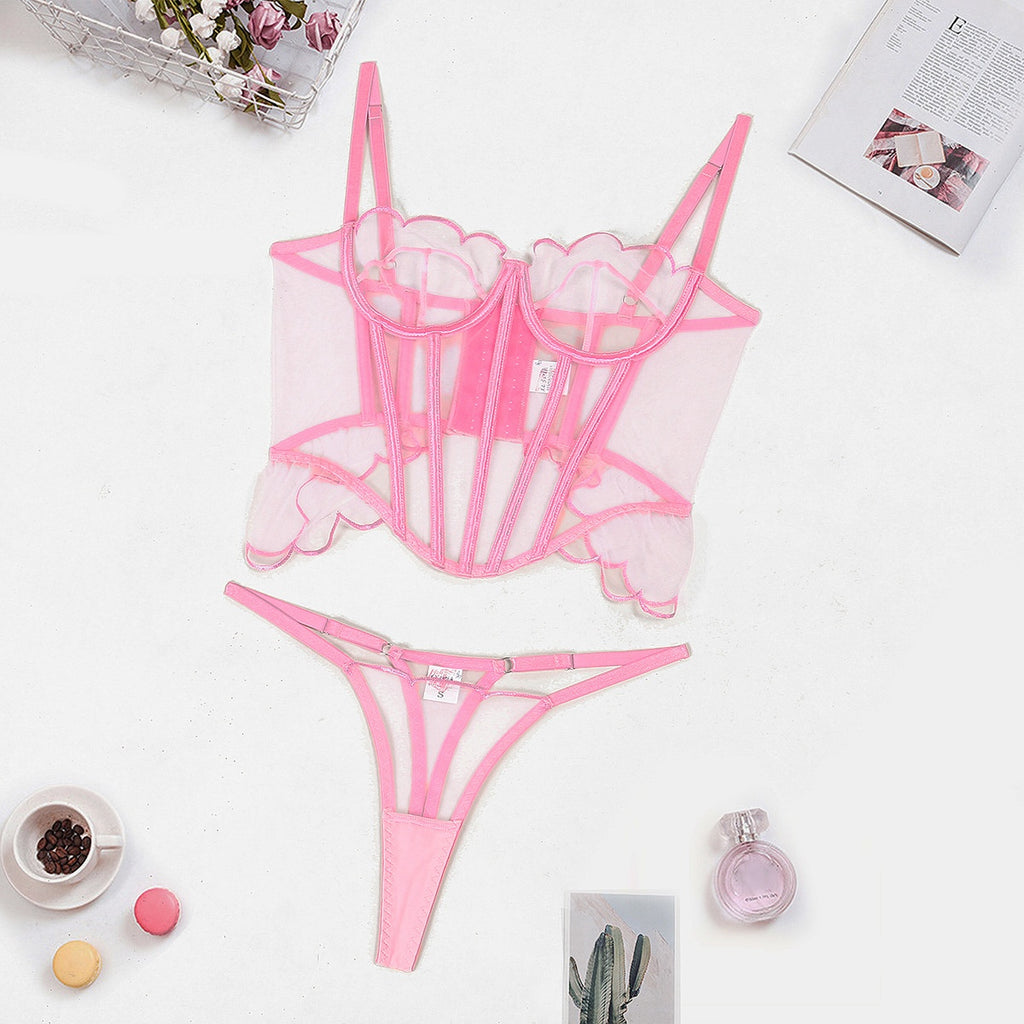 Two piece set of shapewear straps with mesh edges and perspective lingerie