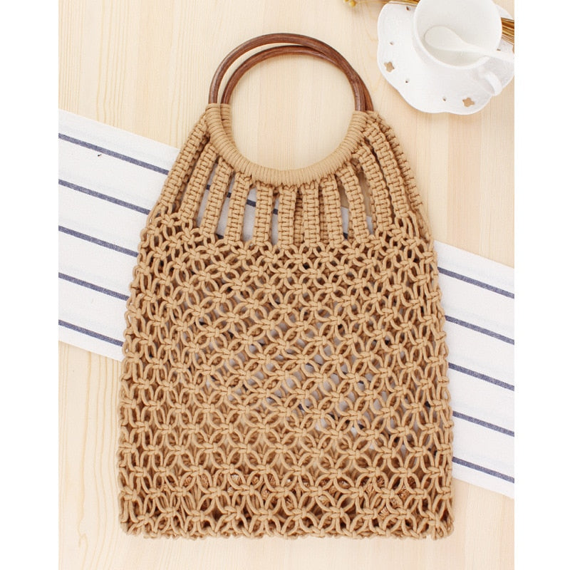 Hand-knitted Hollow Handbag Round Wooden Ring Rattan Handle Ladies Shopping Bag Cotton Rope Net Pocket Holiday Beach Bag