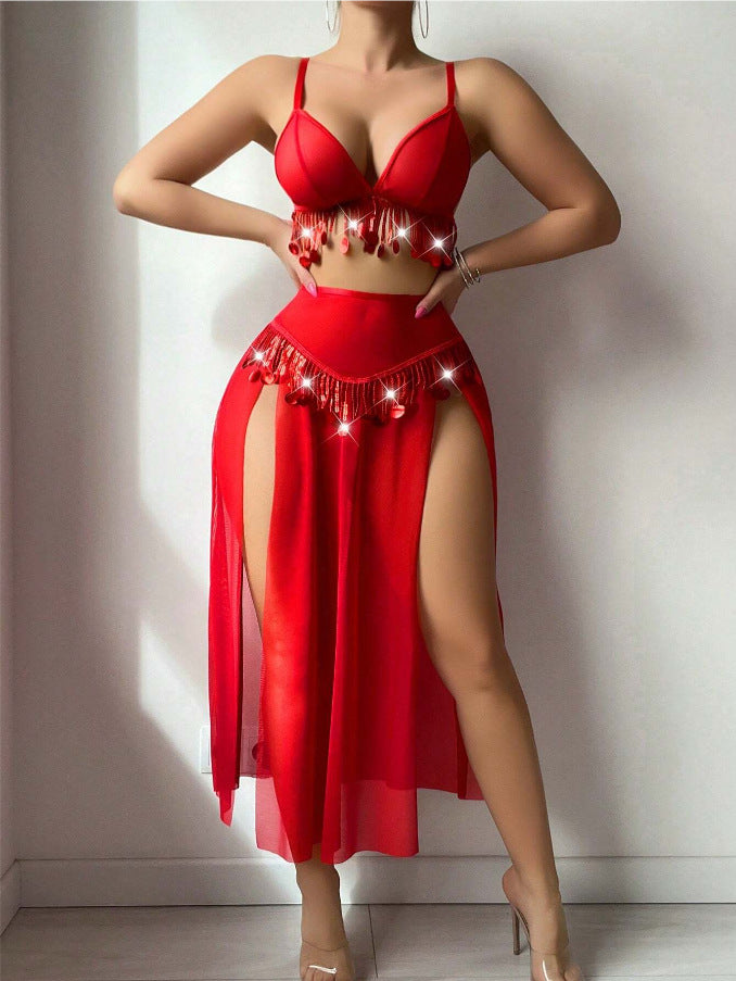 Hollow metal chain red sexy lingerie set for women