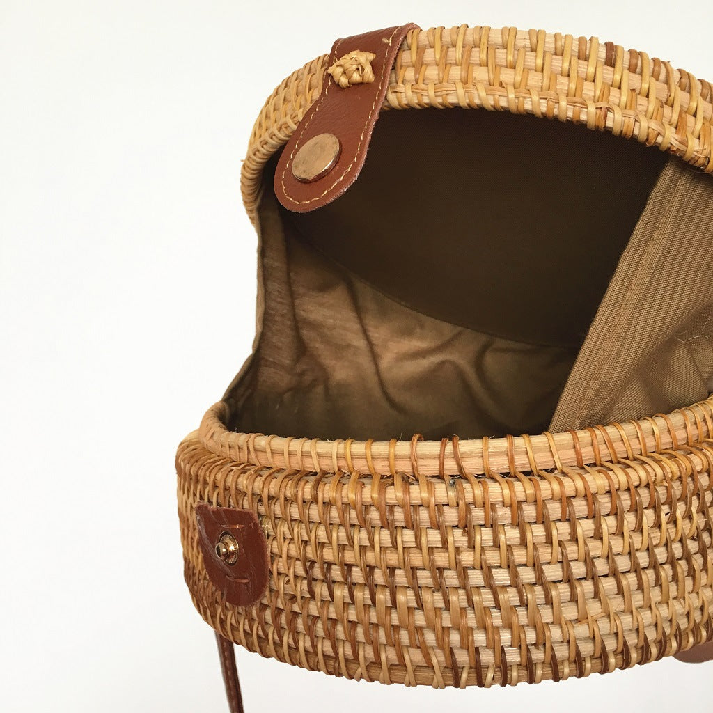 Ceramic Rattan Bag Vietnamese Hand-Woven Bag Leather Buckle Straw Round Bag Ins Beach Shoulder Bag Messenger Bag