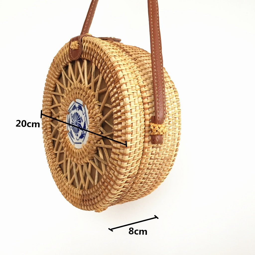 Ceramic Rattan Bag Vietnamese Hand-Woven Bag Leather Buckle Straw Round Bag Ins Beach Shoulder Bag Messenger Bag